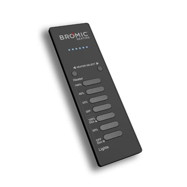 Black remote control with Bromic branding on a white background