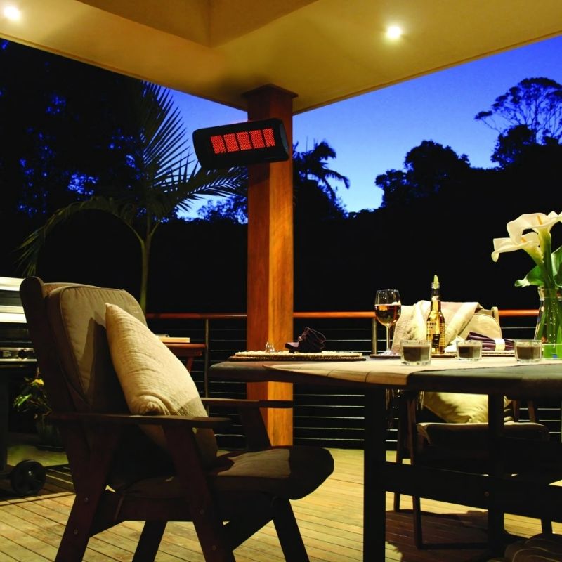 Installed in outdoor dining area on a wooden deck with furniture and a table set for a meal.