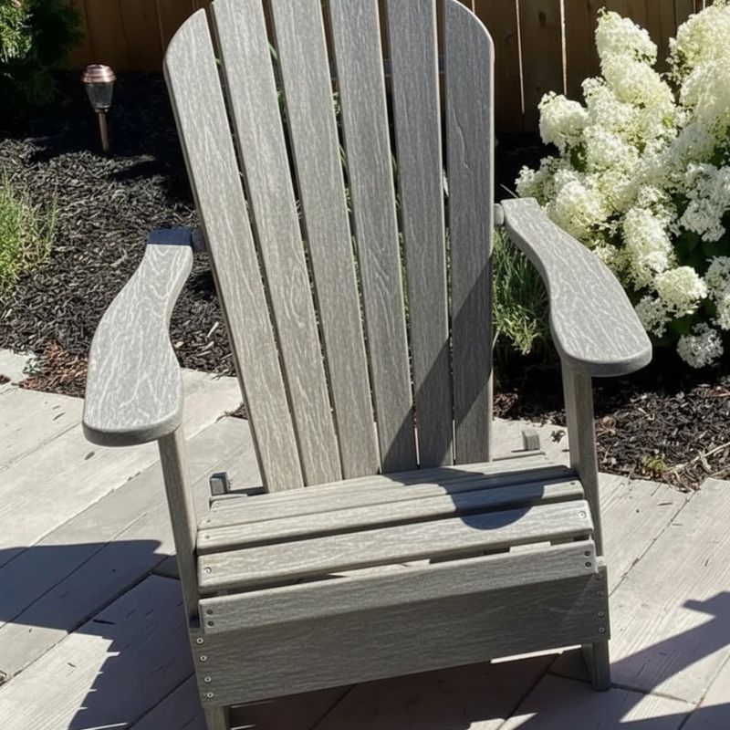 Classic Adirondack Chair (Standard) on a patio with flowers in the background - poly luxe - woodgrain driftwood grey