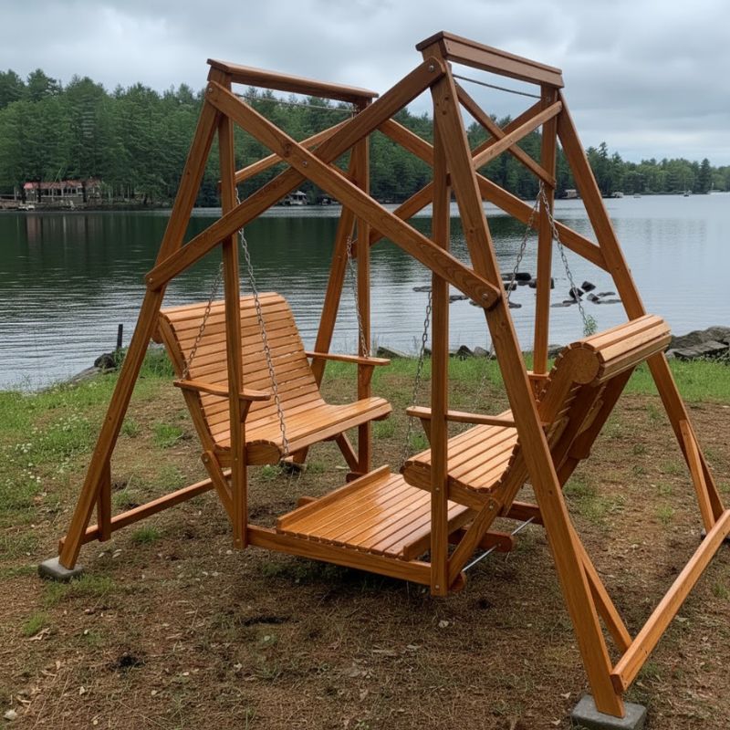 Classic Garden Swing set by a lake with trees in the background - knotted cedar - caramel glossy