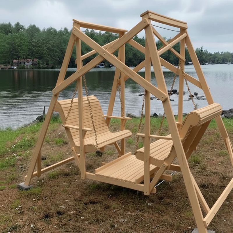 Classic Garden Swing by a lake - poly luxe - woodgrain birchwood