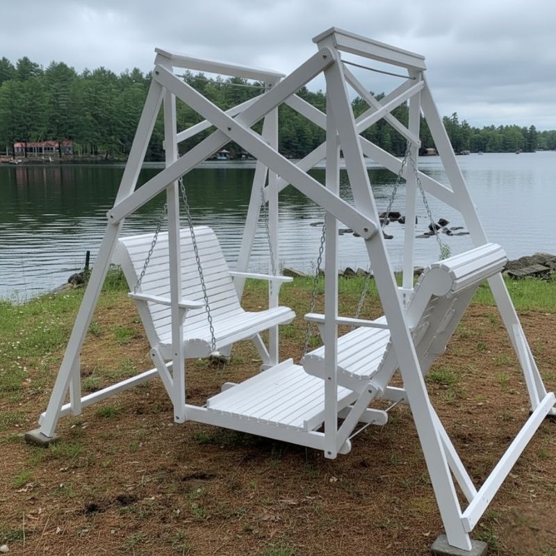 White Classic Garden Swing by a lake on a cloudy day