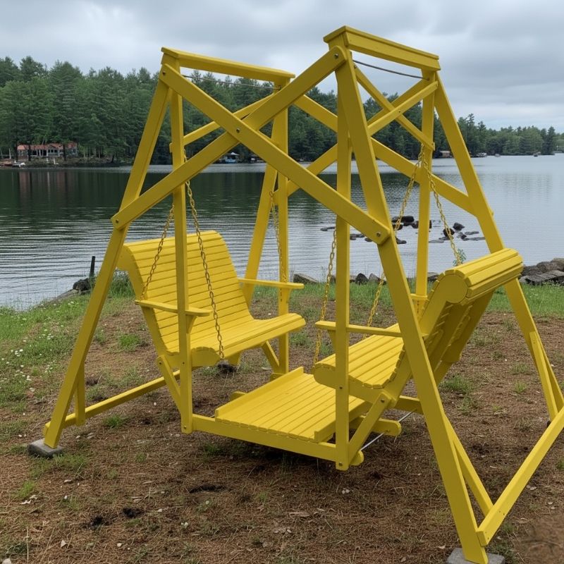 Yellow Classic Garden Swing set with two seats by a lake on a cloudy day