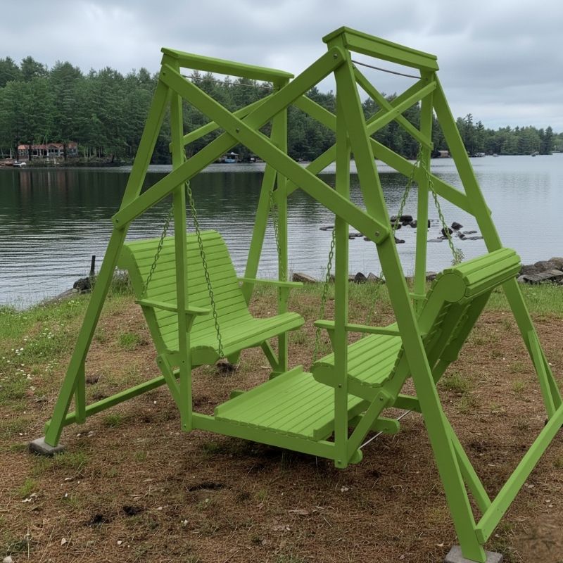 Lime green Classic Garden Swing set by a lake on a cloudy day