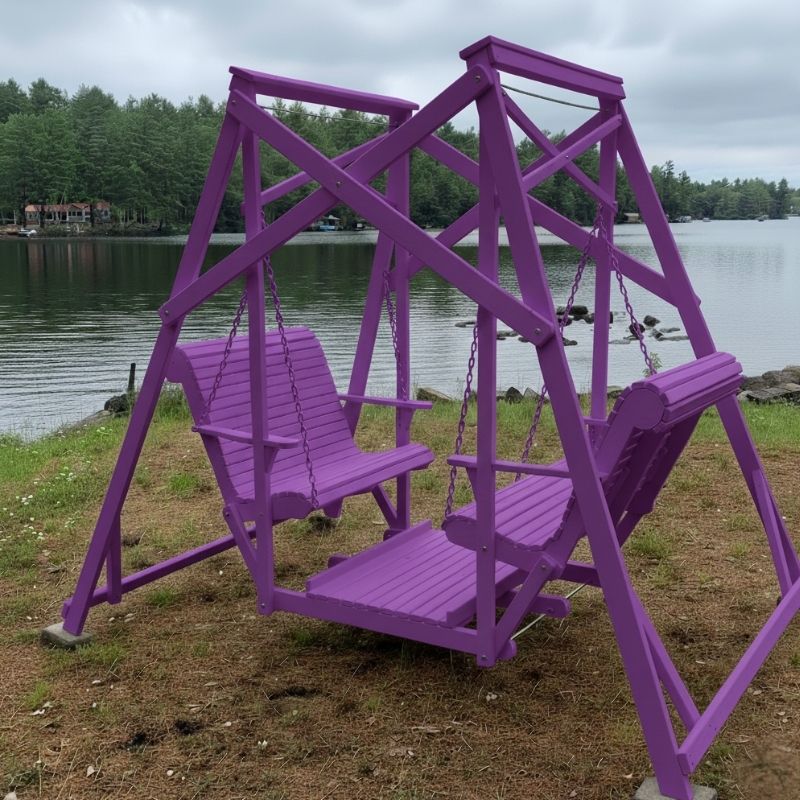 Purple Classic Garden Swing set by a lake with trees in the background