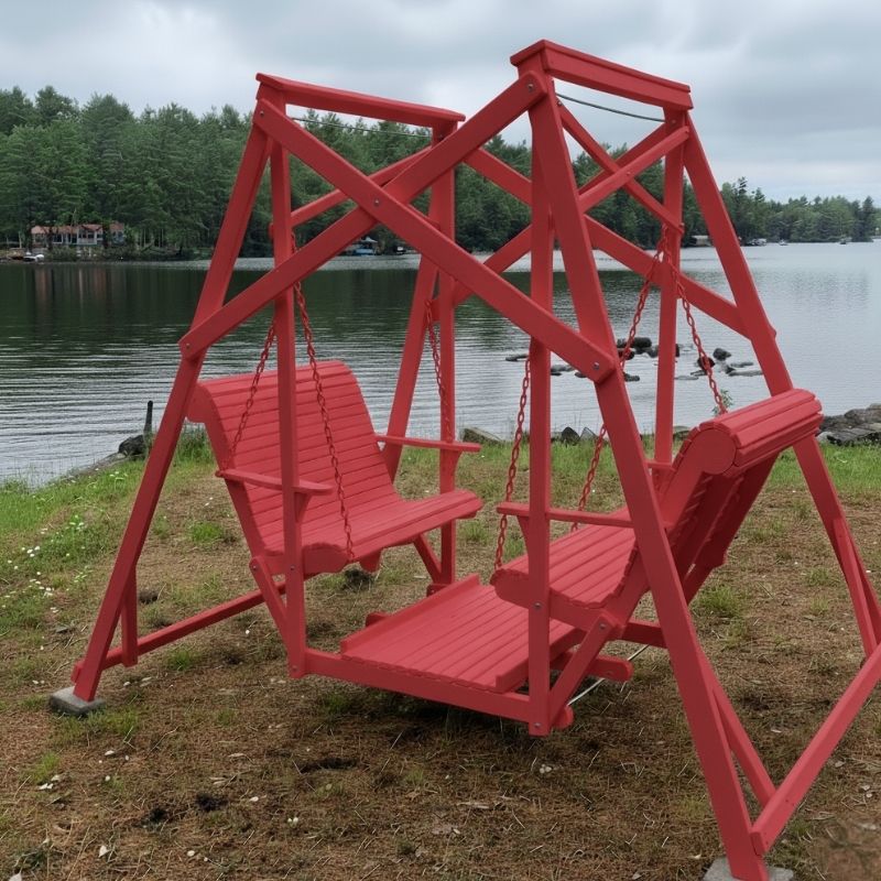 Red Classic Garden Swing set by a lake with trees in the background