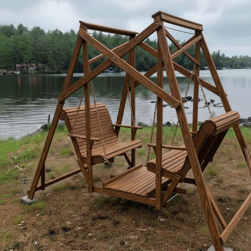 Classic Garden Swing by a lake - poly luxe - woodgrain brazilian walnut
