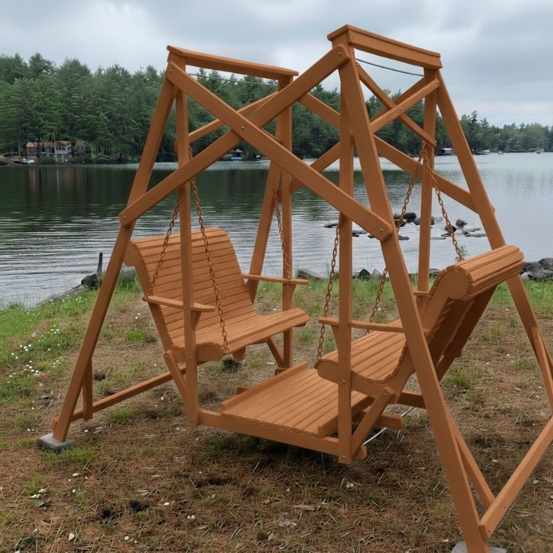 Cedar Classic Garden Swing set with two seats by a lake