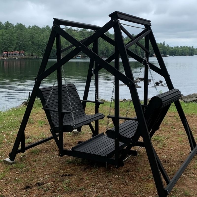 Black Classic Garden Swing with two seats by a lake on a cloudy day