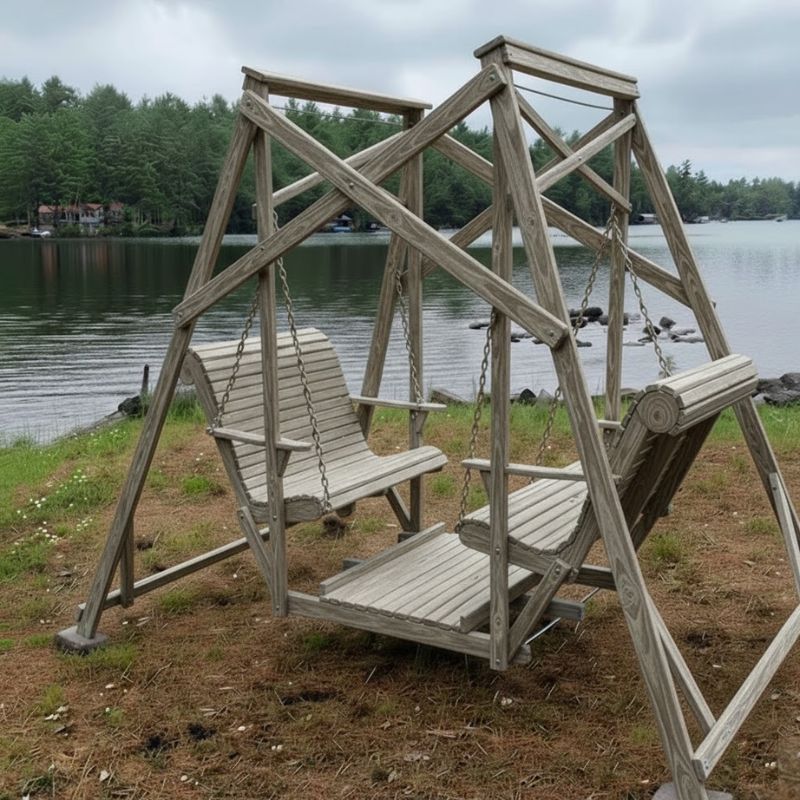 Classic Garden Swing by a lake - poly luxe - woodgrain driftwood grey