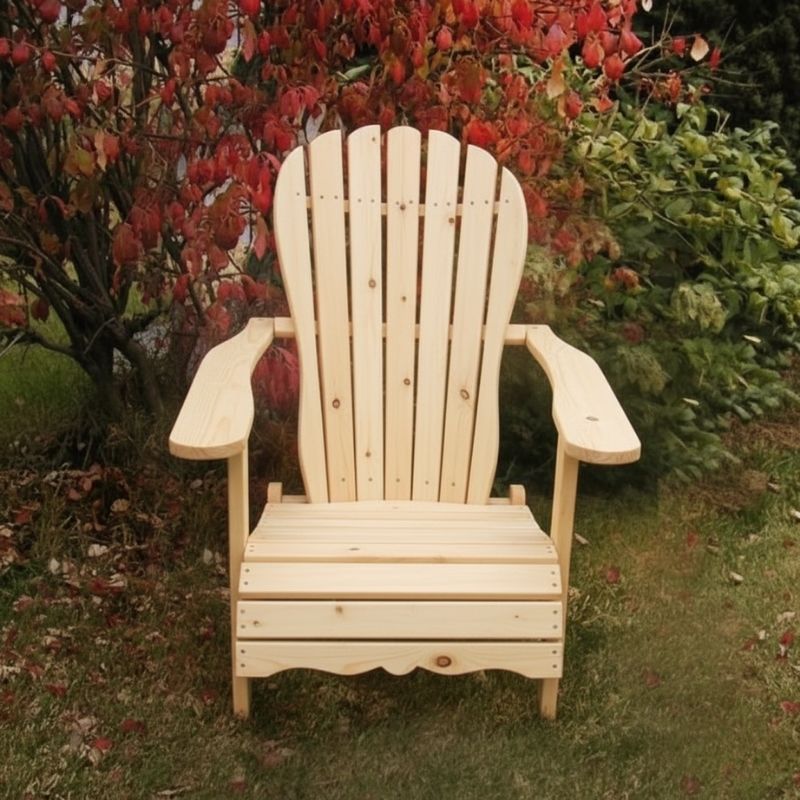 Wooden Adirondack chair on a patio with greenery in the background -sandal back