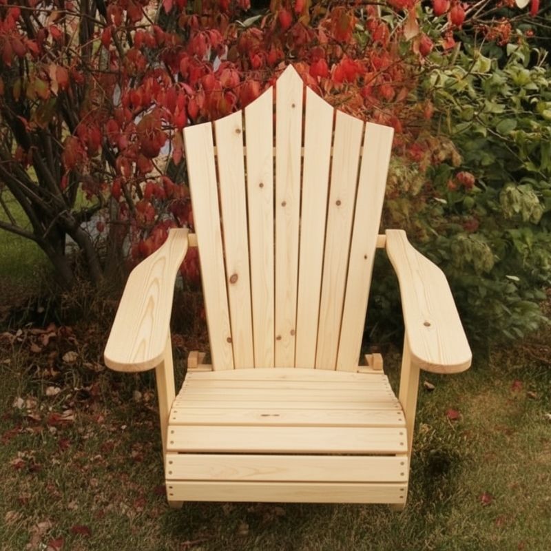Wooden Adirondack chair on a patio with greenery in the background - peak back