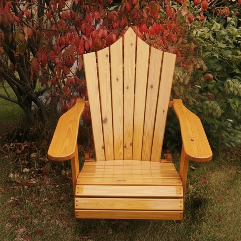 Wooden Adirondack chair on a patio with greenery in the background - peak back  golden glossy - knotted cedar