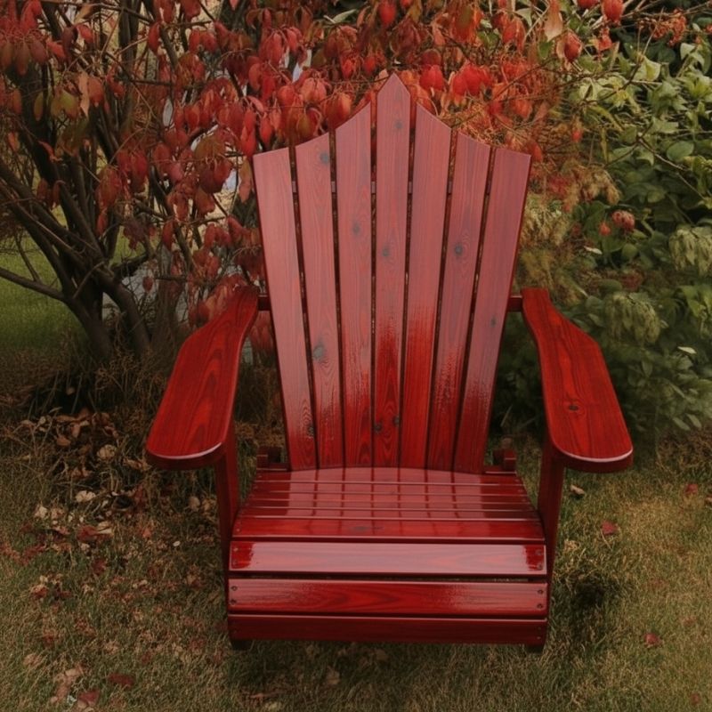 Wooden Adirondack chair on a patio with greenery in the background - peak back  mahogany glossy - knotted cedar