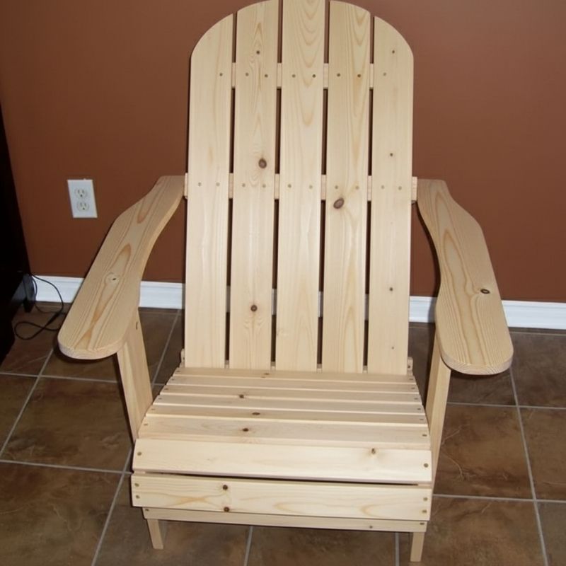 Wooden Adirondack chair on a patio with greenery in the background - flat back