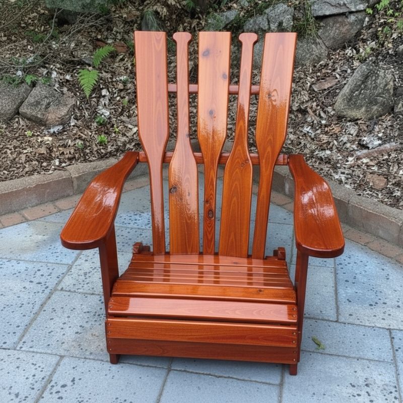 Wooden Adirondack chair on a patio with greenery in the background - puddle  back  mahogany glossy - knotted cedar