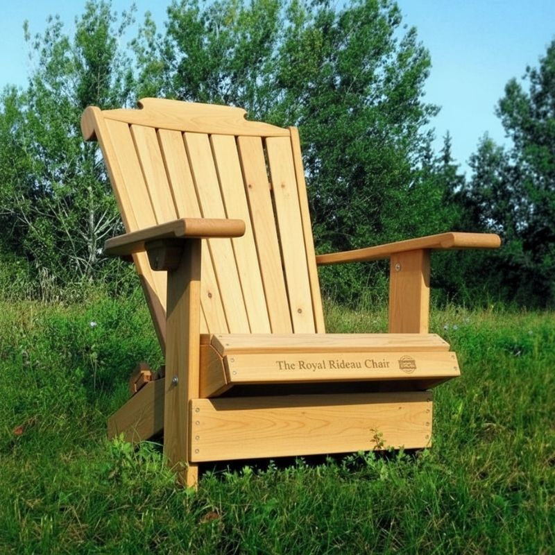 Wooden Adirondack chair on a patio with greenery in the background - flat back