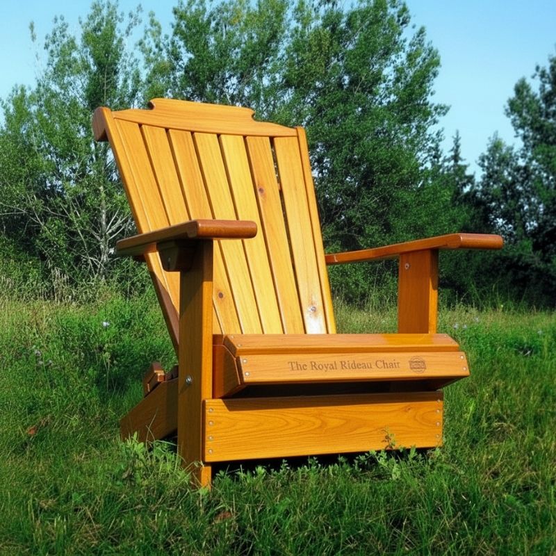 Wooden Adirondack chair on a patio with greenery in the background - golden glossy - knotted cedar