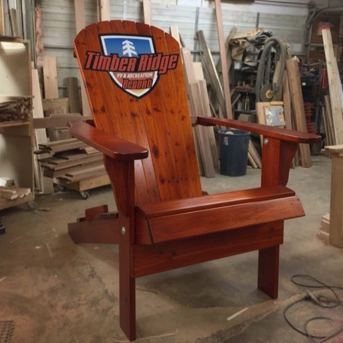 Customized Giant with Timber Ridge logo in a workshop setting - knotted cedar - dark