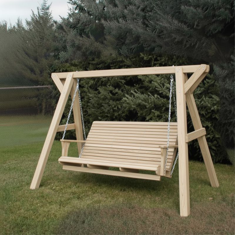 Family Porch Swing with Frame on a grassy area with trees in the background - poly luxe - woodgrain birchwood