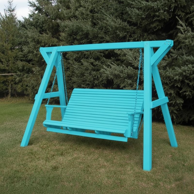 Family Porch Swing with Frame on a grassy area with trees in the background - poly luxe - aruba blue