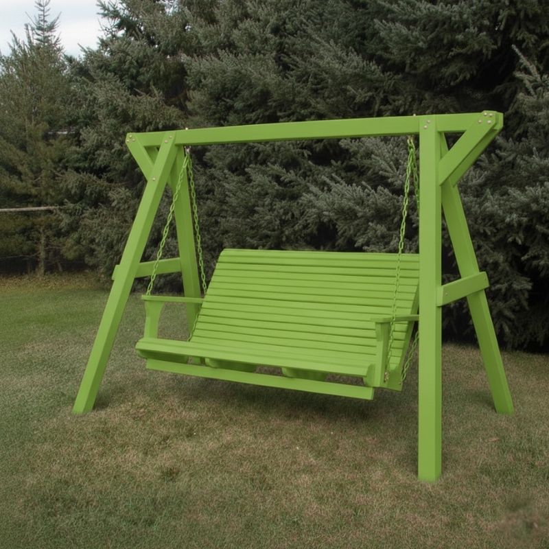 Lime green Family Porch Swing with Frame set on grass with trees in the background