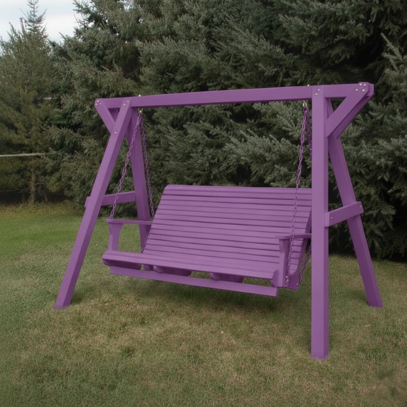 Purple Family Porch Swing with Frame on grass with trees in the background
