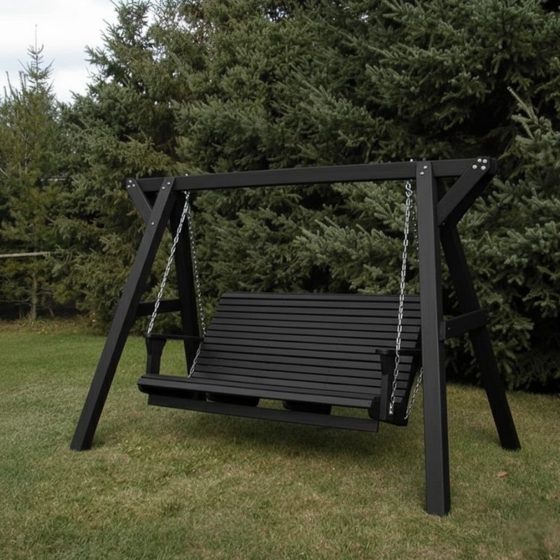 Black Family Porch Swing with Frame set on grass with trees in the background
