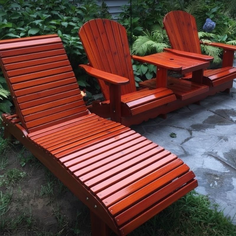 Set of mahogany red wooden chairs and a table on a stone patio with greenery in the background