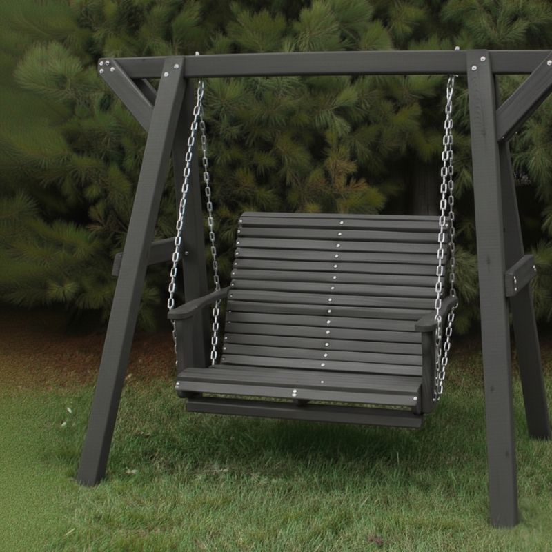 Lovers Porch Swing with Frame Dark Grey Variant in outdoor set up, with grass and trees.