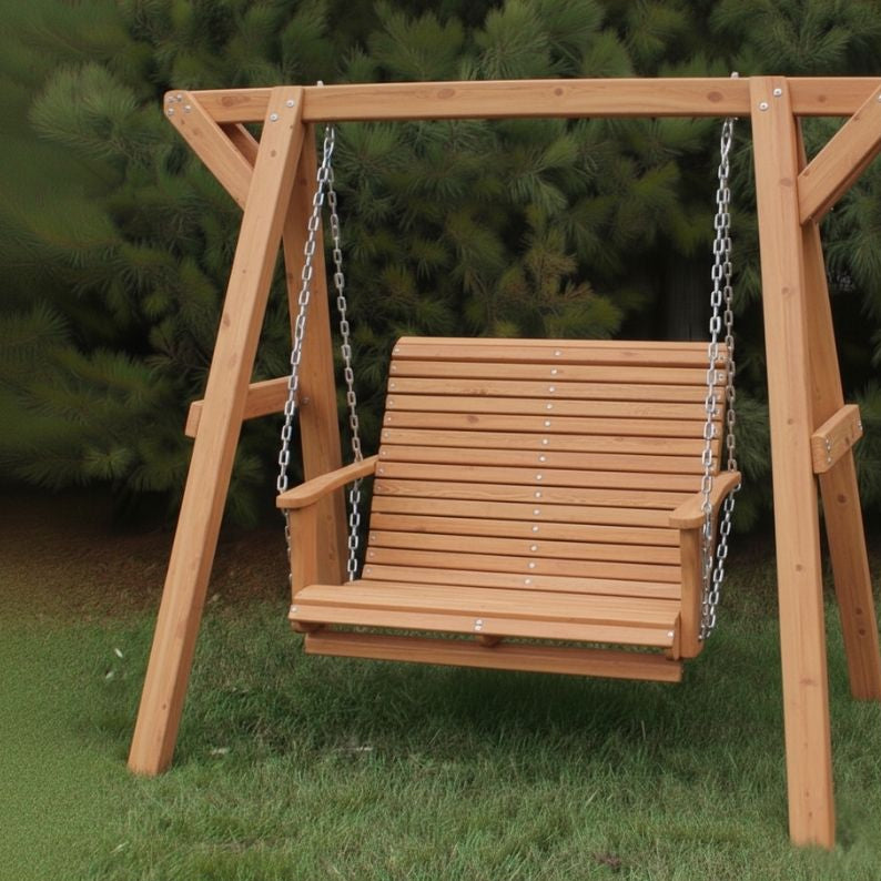 Lovers Porch Swing with Frame Cedar Variant in outdoor set up, with grass and trees.