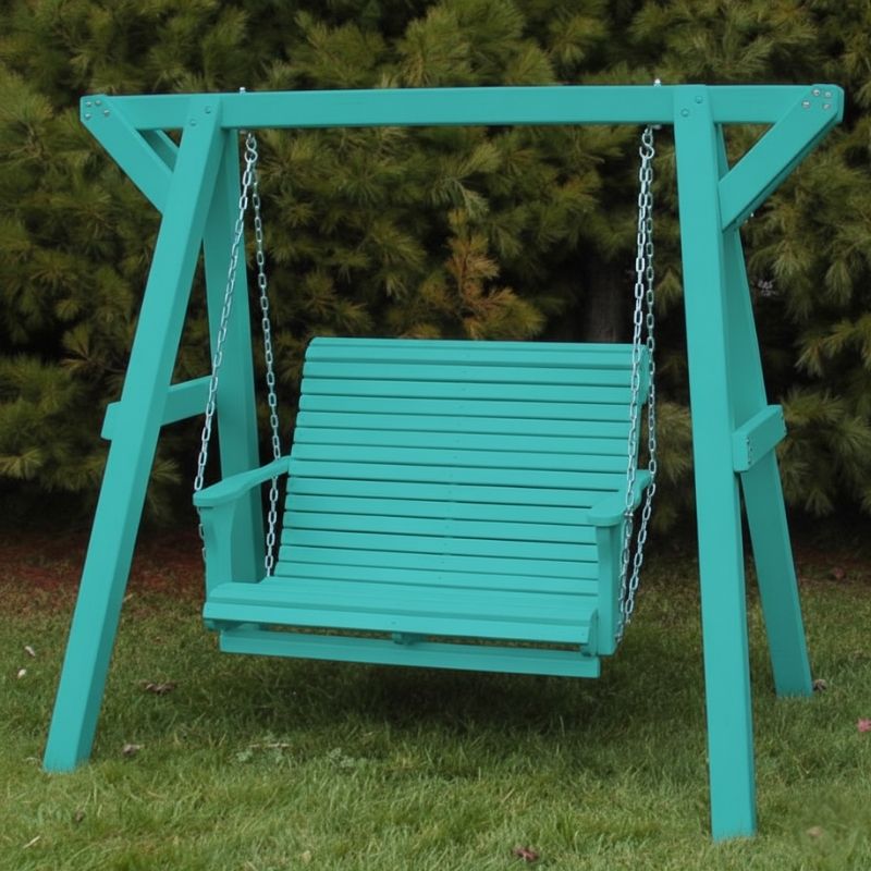 Lovers Porch Swing with Frame Aruba Blue Variant in outdoor set up, with grass and trees.