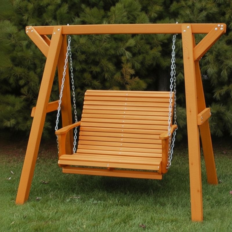 Lovers Porch Swing with Frame Orange Variant in outdoor set up, with grass and trees.
