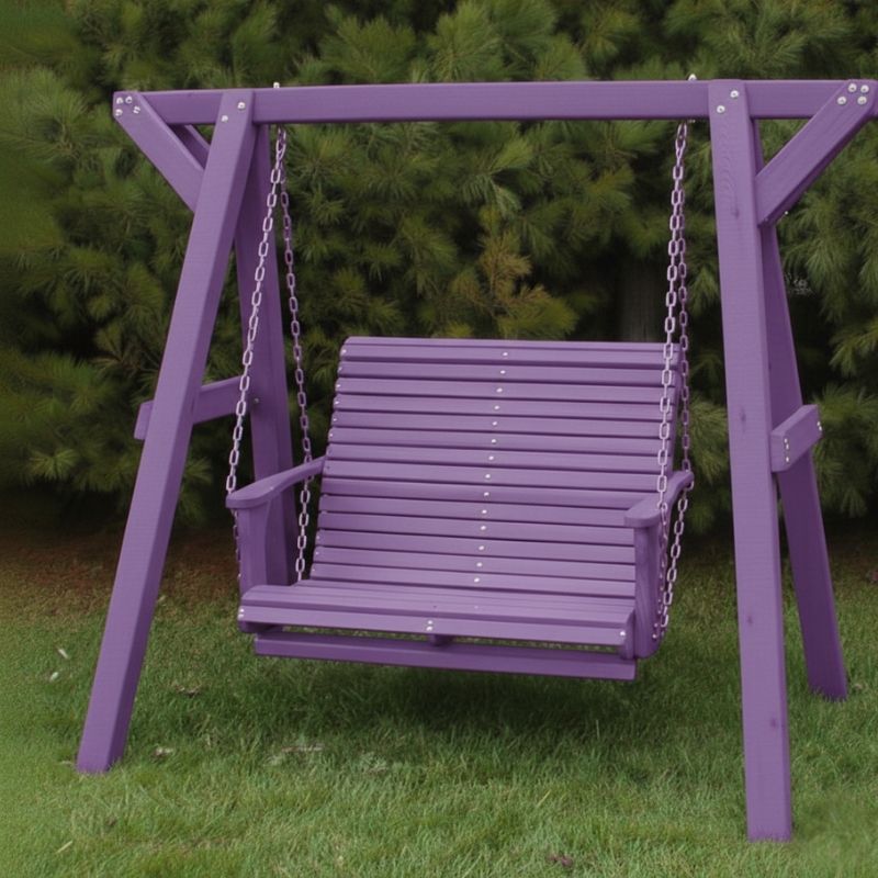 Lovers Porch Swing with Frame Purple Variant in outdoor set up, with grass and trees.