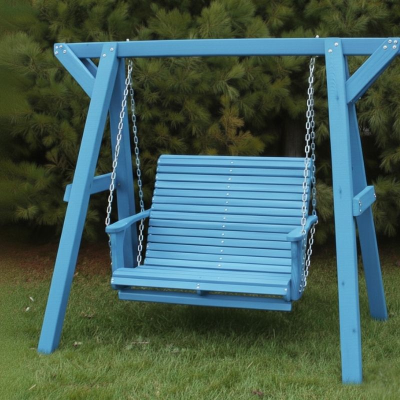 Lovers Porch Swing with Frame Blue Variant in outdoor set up, with grass and trees.