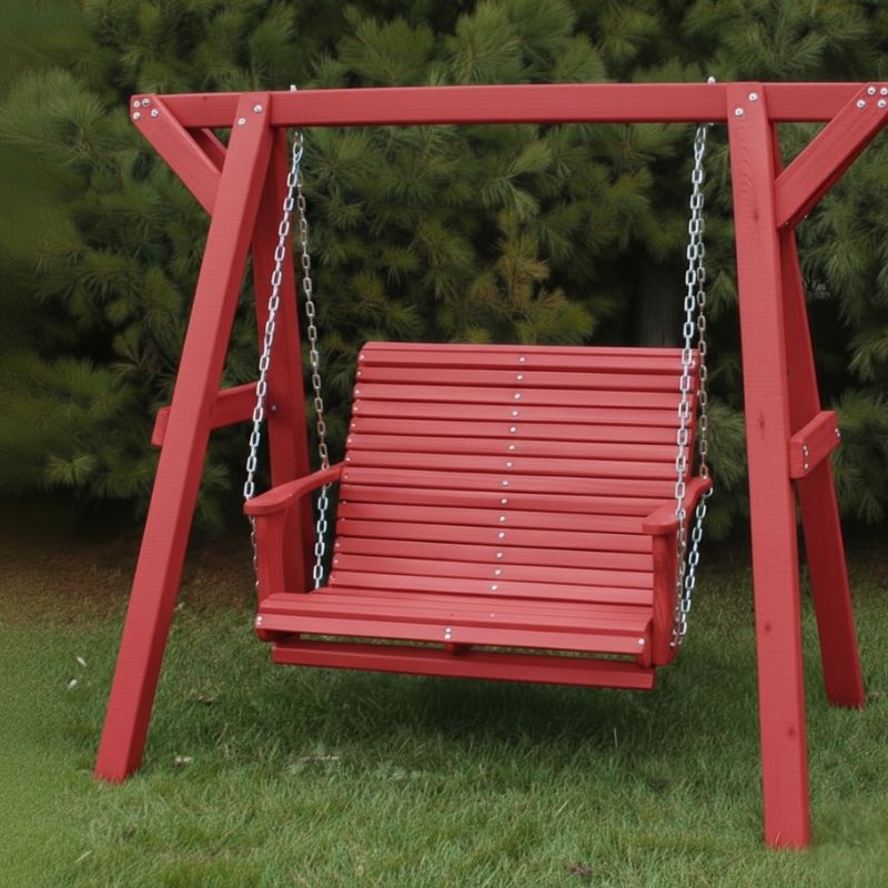 Lovers Porch Swing with Frame Red Variant in outdoor set up, with grass and trees.