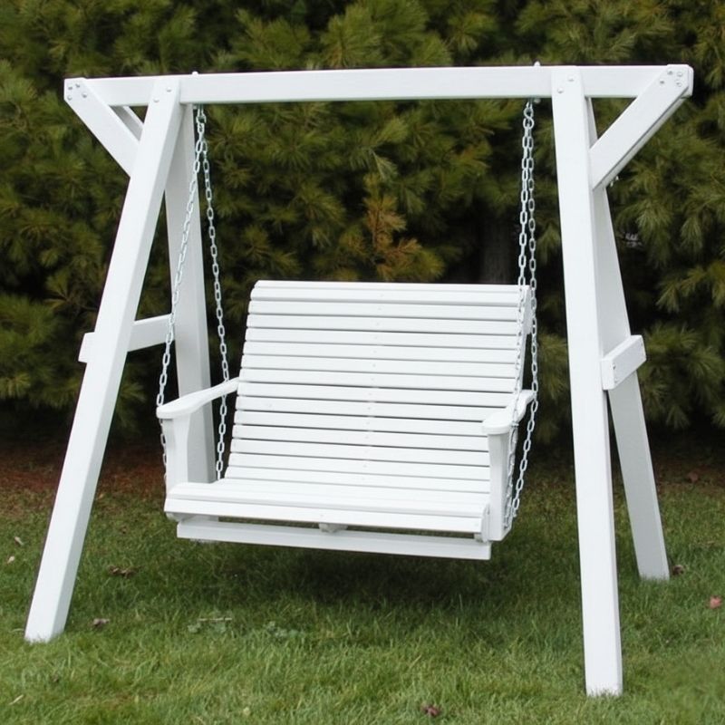 Lovers Porch Swing with Frame White Variant in outdoor set up, with grass and trees.