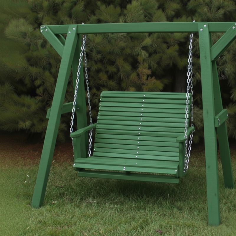 Lovers Porch Swing with Frame Turf Green Variant in outdoor set up, with grass and trees.