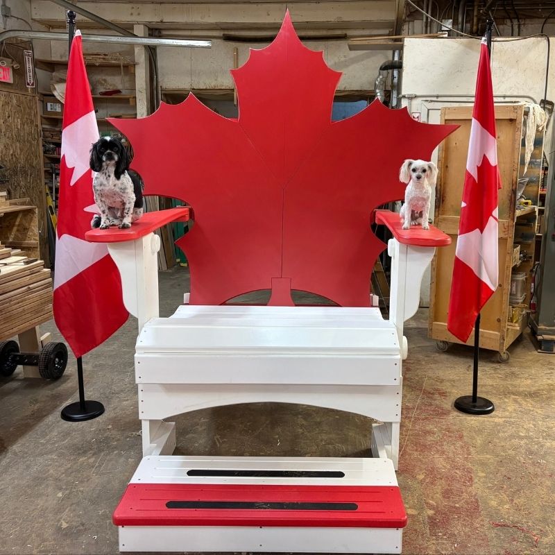 Two dogs on red and whiteMaple Leaf Giant Chair a Canadian flag in an indoor setting.