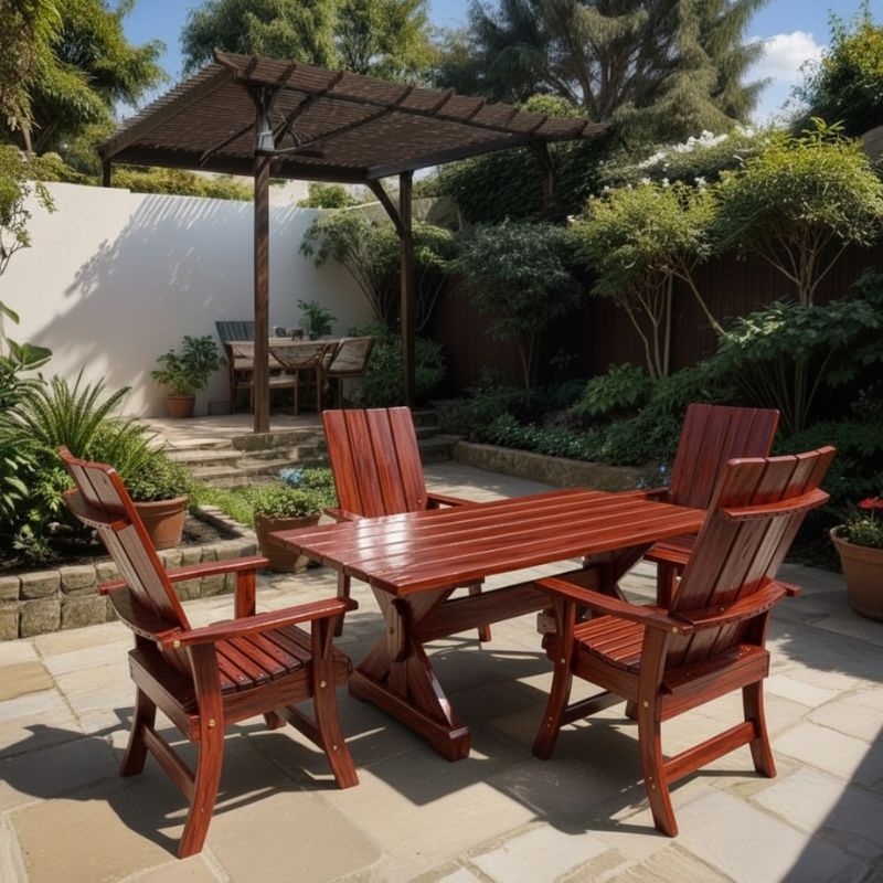 Modern Dining Set for 4 with 4' Table on a patio, surrounded by garden and house - knotted cedar - mahogany  glossy