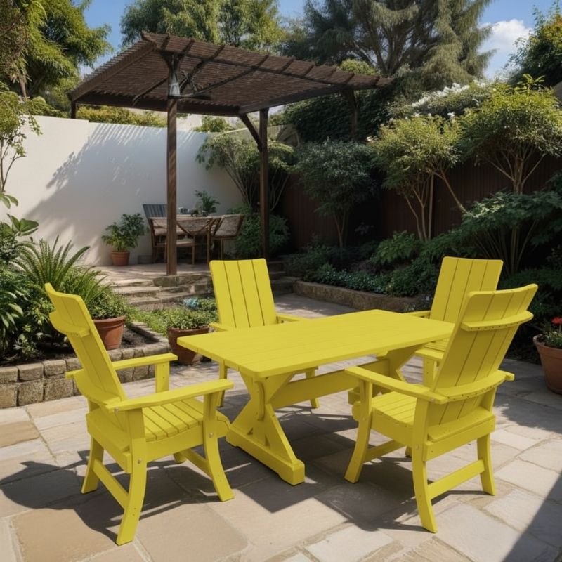 Modern Dining Set for 4 with 4' Table on a patio, surrounded by garden and house - poly luxe - yellow