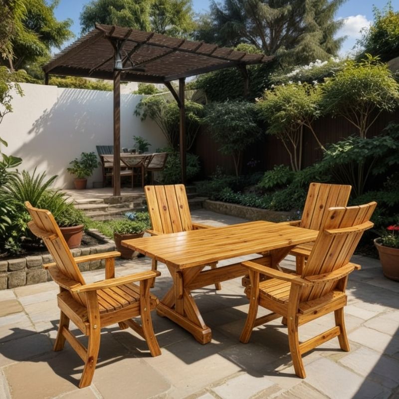Modern Dining Set for 4 with 4' Table on a patio, surrounded by garden and house - knotted cedar - golden glossy