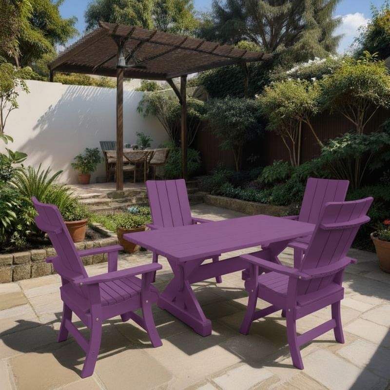 Modern Dining Set for 4 with 4' Table on a patio, surrounded by garden and house - poly luxe - purple