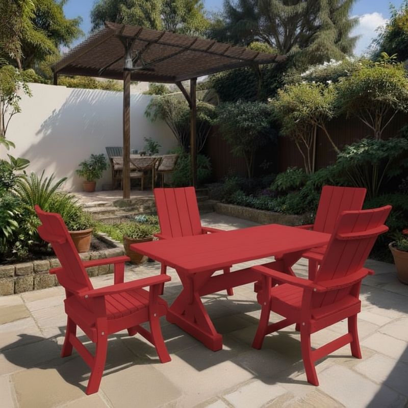 Modern Dining Set for 4 with 4' Table on a patio, surrounded by garden and house - poly luxe - red