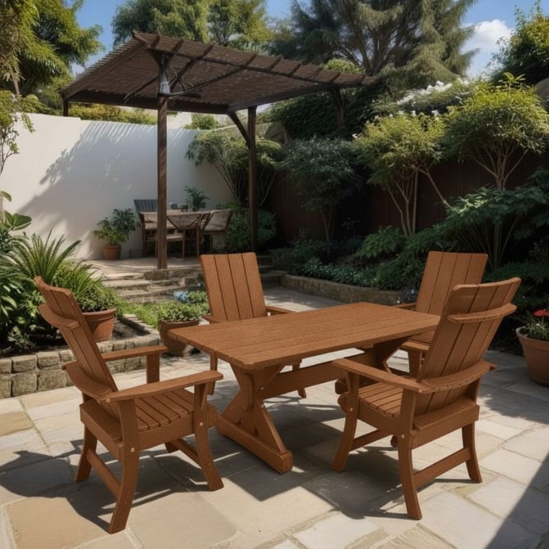 Modern Dining Set for 4 with 4' Table on a patio, surrounded by garden and house - poly luxe - cedar