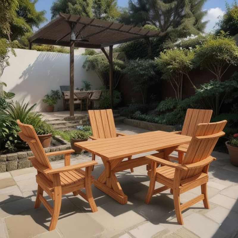 Modern Dining Set for 4 with 5' Table under a wooden canopy in a garden setting - poly luxe - cedar