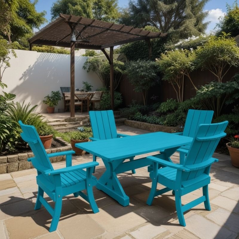 Modern Dining Set for 4 with 5' Table in a garden setting - poly luxe - aruba blue