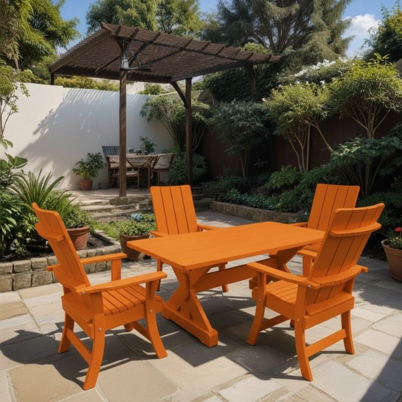 Modern Dining Set for 4 with 5' Table in a garden setting - poly luxe - orange