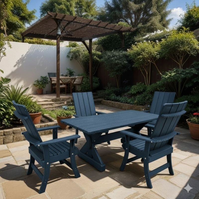 Modern Dining Set for 4 with 5' Table in a garden setting - poly luxe - patriot blue