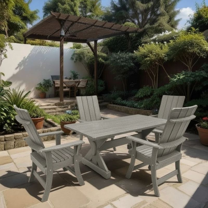 Modern Dining Set for 4 with 5' Table under a wooden canopy in a garden setting - poly luxe - woodgrain driftwood grey